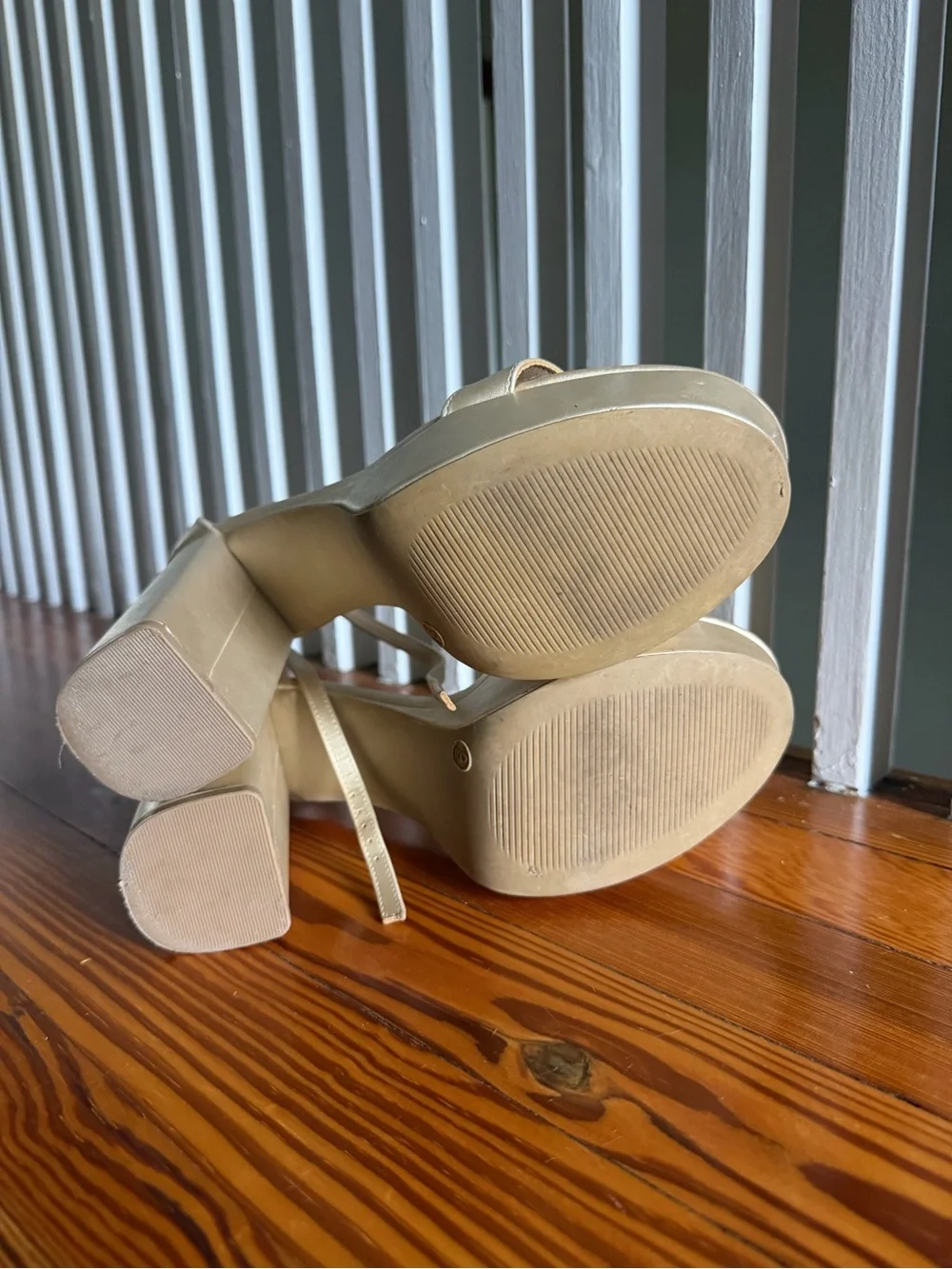 Lulus Neutral Beige & Gold Platform Block Heel Sandals with Ankle Strap - Size 9